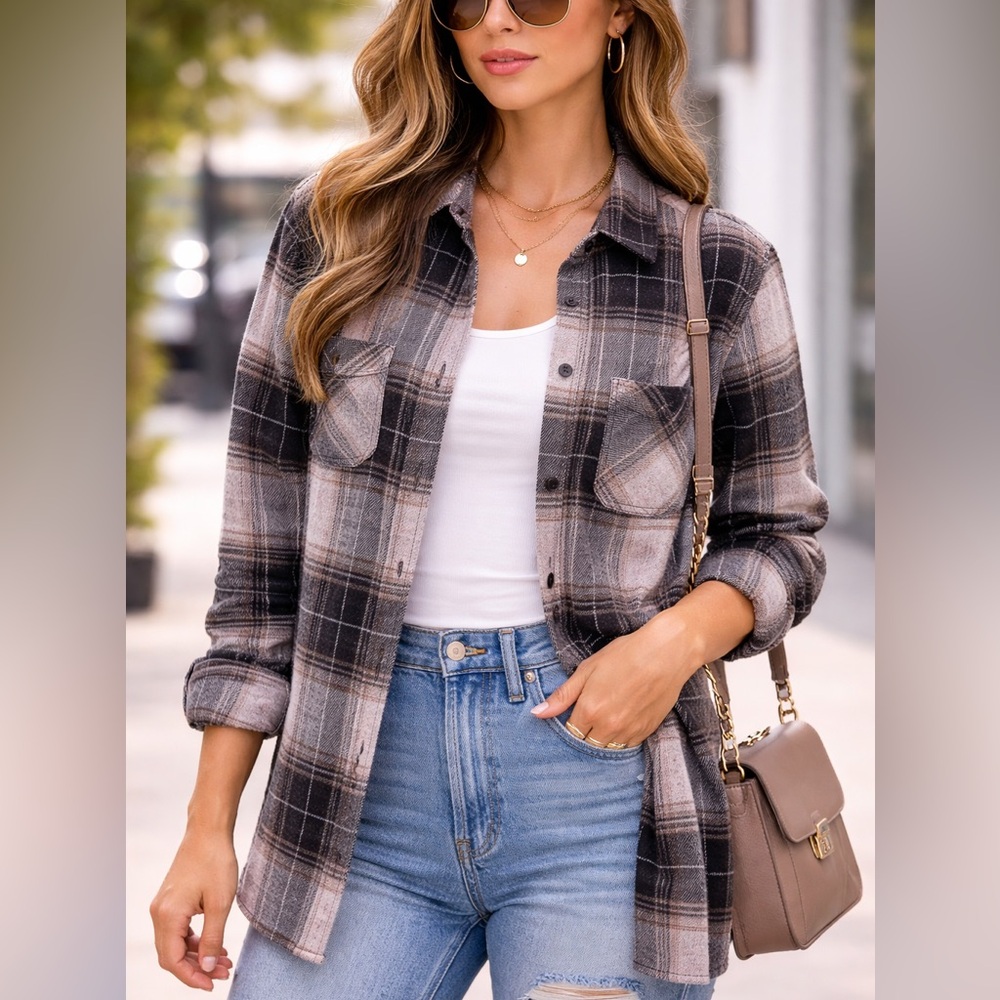 Altar'd State Designer Black and Gray Plaid Button Down Shirt